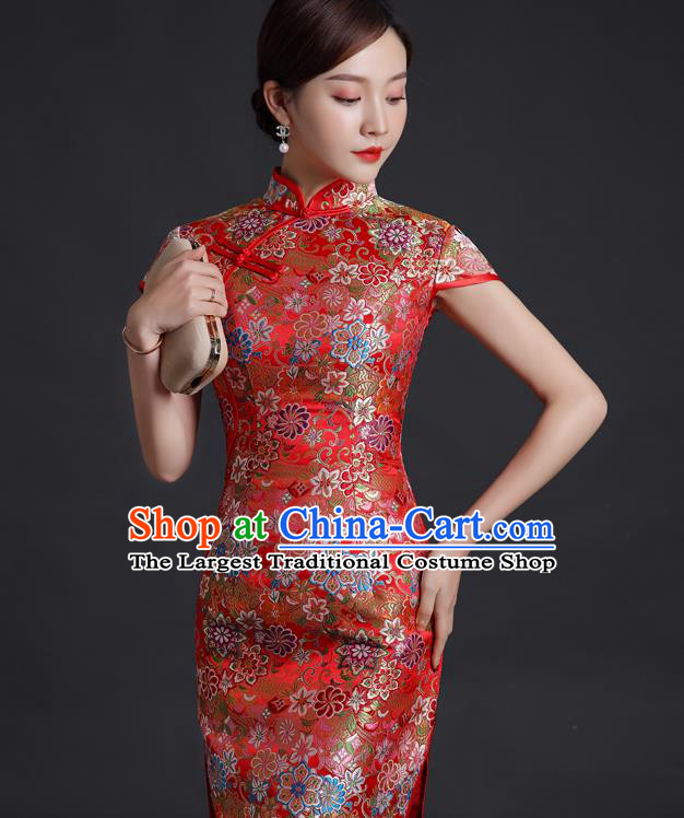 Chinese Bride Red Brocade Cheongsam Traditional Wedding Dress Compere Full Dress Classical Qipao Clothing