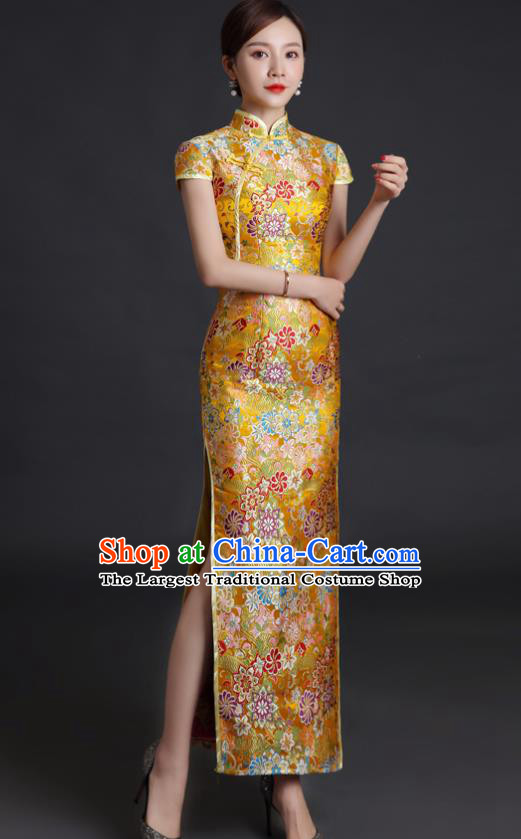 Chinese Classical Qipao Clothing Bride Golden Brocade Cheongsam Traditional Wedding Dress Compere Full Dress