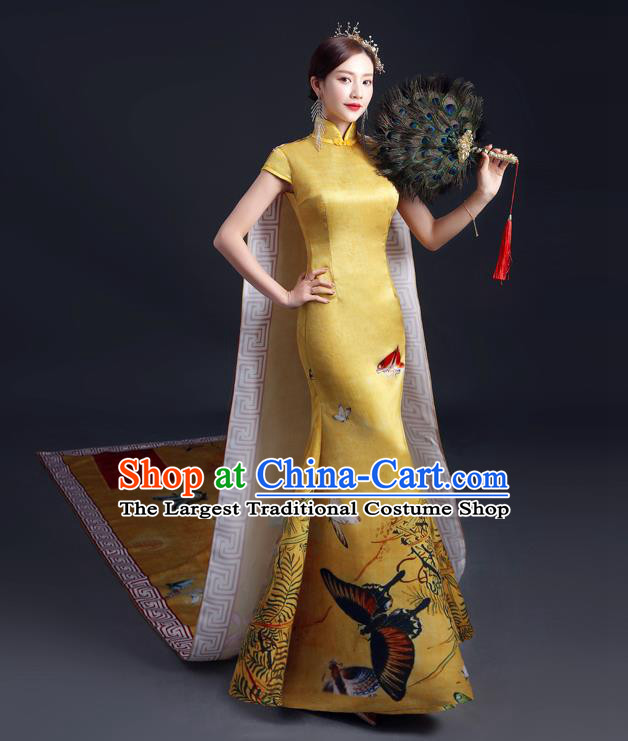 Chinese Compere Full Dress Classical Qipao Clothing Long Mantle Cheongsam Traditional Dress