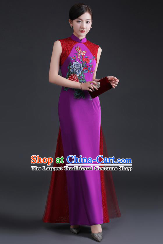 Chinese Modern Lace Cheongsam Traditional Purple Qipao Dress Hostess Full Dress Embroidered Peony Qipao Clothing