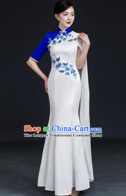 Chinese Embroidered Peach Blossom Qipao Clothing Modern Cheongsam Traditional White Qipao Dress Compere Full Dress