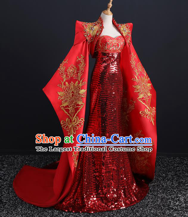 China Compere Red Fishtail Dress Professional Catwalks Embroidery Beads Full Dress New Year Formal Costume