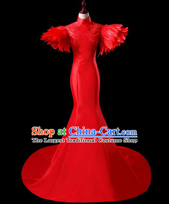 China New Year Formal Costume Compere Red Feather Dress Professional Catwalks Full Dress