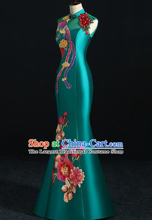 China Professional Catwalks Embroidery Peach Blossom Full Dress New Year Formal Costume Compere Deep Green Qipao Dress