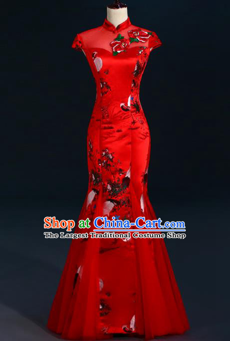 China New Year Formal Costume Compere Red Qipao Dress Professional Catwalks Full Dress Wedding Red Fishtail Dress