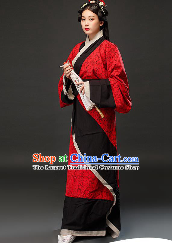 Chinese Han Dynasty Woman Red Dress Ancient TV Series Hanfu Clothing Traditional Curving Front Robe Costume