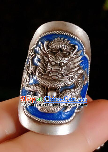 Chinese National Blueing Silver Ring Jewelry Traditional Handmade Accessories Retro Carving Dragon Circlet