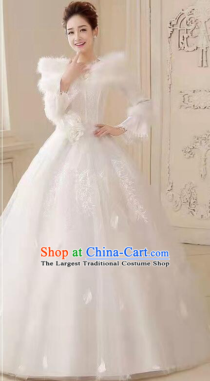 Top Handmade Winter Wedding Garment Bride White Wedding Dress Long Sleeve Full Dress