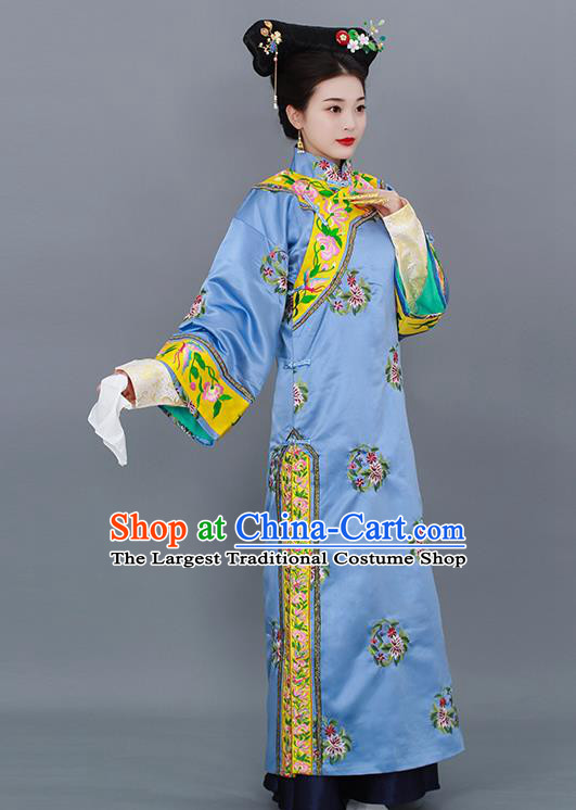 Chinese Qing Dynasty Manchu Lady Costume Ancient Imperial Consort Clothing Court Empress Blue Dress