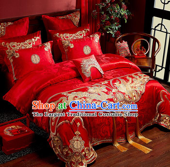 Chinese Wedding Bedclothes Top Embroidery Dragon and Phoenix Red Four Pieces Set Long Staple Cotton Bedding Items