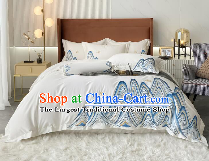 Top Long Staple Cotton Bedclothes Chinese Embroidery Landscape White Four Pieces Bedding Items Set