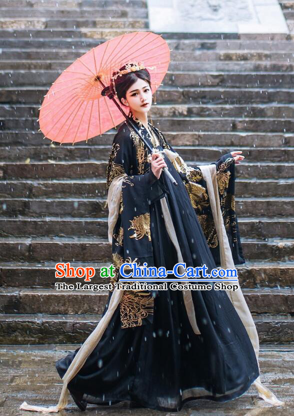 Chinese Ancient Fairy Garment Costumes Tang Dynasty Princess Black Ruqun Dresses Traditional Hanfu Clothing