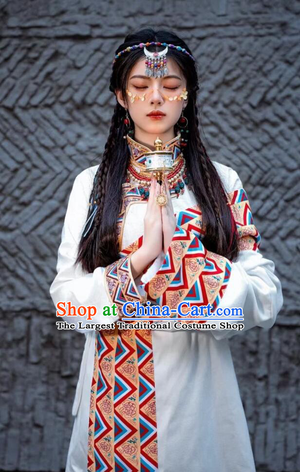 Chinese Zang Nationality Lady White Dress Stage Performance Clothing Tibetan Ethnic Garment Costumes