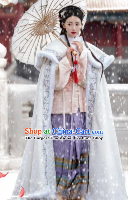 Chinese Ancient Princess Clothing Traditional Winter White Mantle Ming Dynasty Young Lady Embroidered Cloak