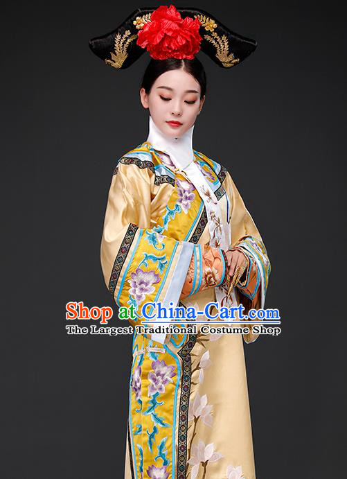 Chinese Ancient Imperial Consort Clothing Qing Dynasty Court Garment Costumes Empress Light Golden Dress