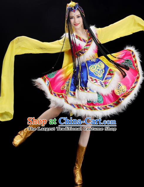 Chinese Tibetan Dance Clothing Woman Solo Dance Dress Zang Nationality Dance Costume Stage Performance Pink Garment