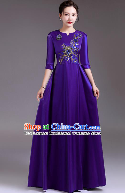 Professional Stage Performance Garment Women Chorus Group Clothing Top Compere Purple Full Dress