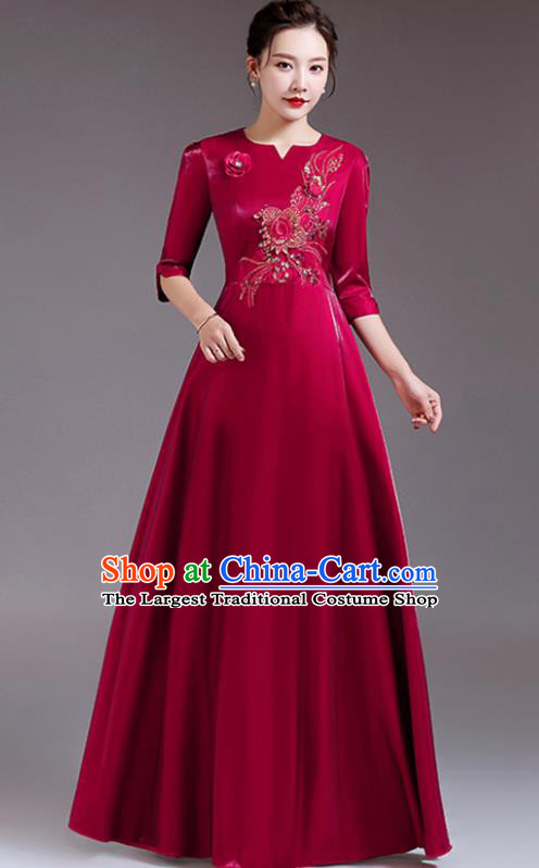 Professional Compere Wine Red Full Dress Stage Performance Garment Women Chorus Group Clothing