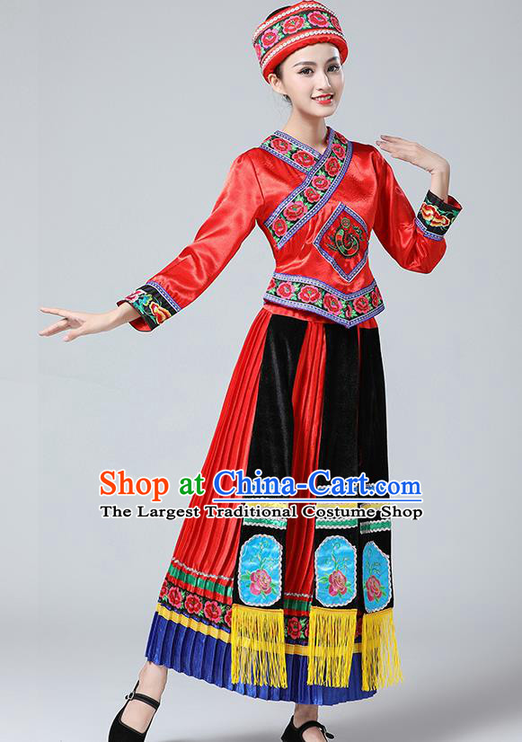 China Guangxi Minority Festival Costume Zhuang Nationality Dance Red Dress Ethnic Women Clothing