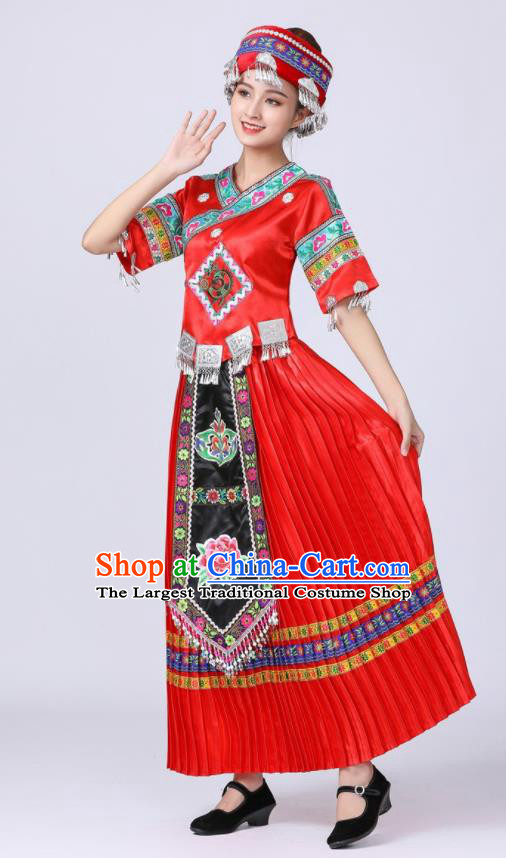 China Xiangxi Minority Festival Costume Tujia Nationality Dance Red Dress Ethnic Young Lady Clothing