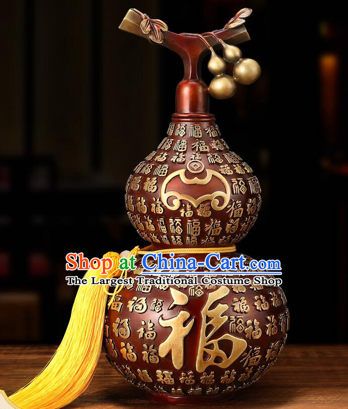 Chinese Brass Craft Lucky Wine Flagon Copper Water Bottle Handmade Carving Gourd Bottle