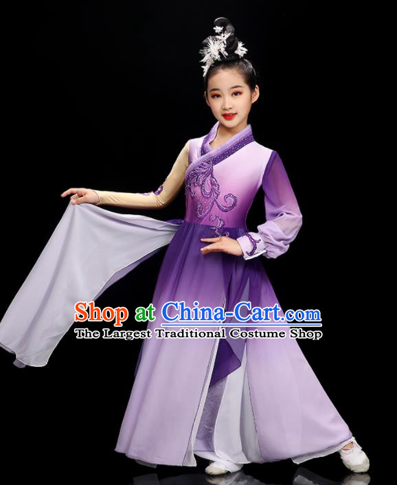 Chinese Umbrella Dance Purple Dress Stage Performance Dancewear Children Fan Dance Clothing Classical Dance Garment Costume