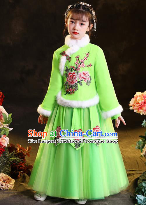 Chinese Folk Dance Green Dress Traditional New Year Clothing Children Winter Uniform Stage Performance Garment Costumes