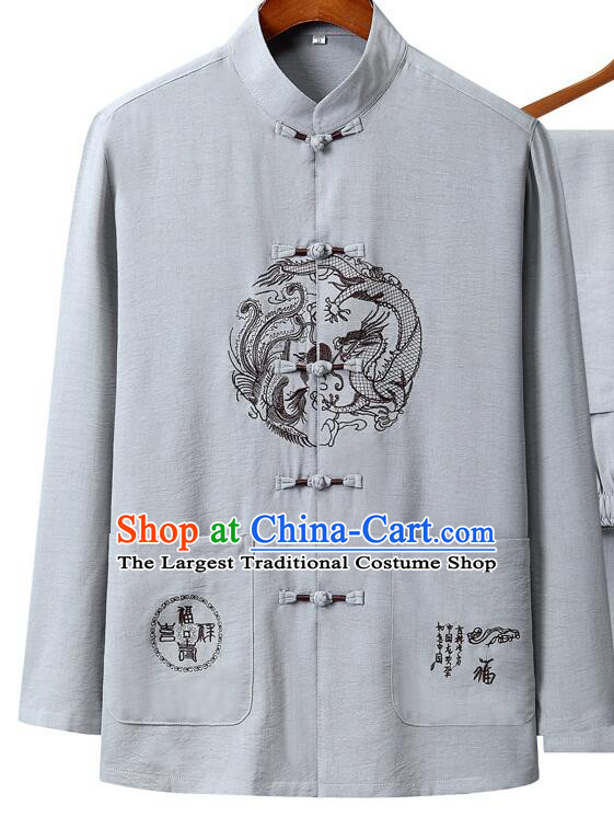 Chinese Traditional Grey Linen Upper Outer Garment Embroidered Phoenix and Dragon Shirt