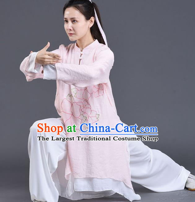 Chinese Tai Ji Chuan Performance Pink Linen Outfits Traditional Shadow Boxing Embroidered Clothing Tai Chi Training Costumes