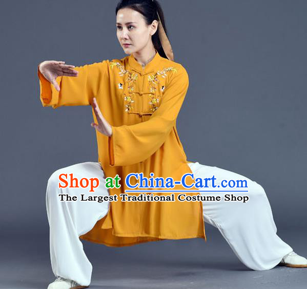 Chinese Tai Chi Training Clothing Tai Ji Chuan Competition Outfits Traditional Kung Fu Embroidered Ginger Shirt and White Pants