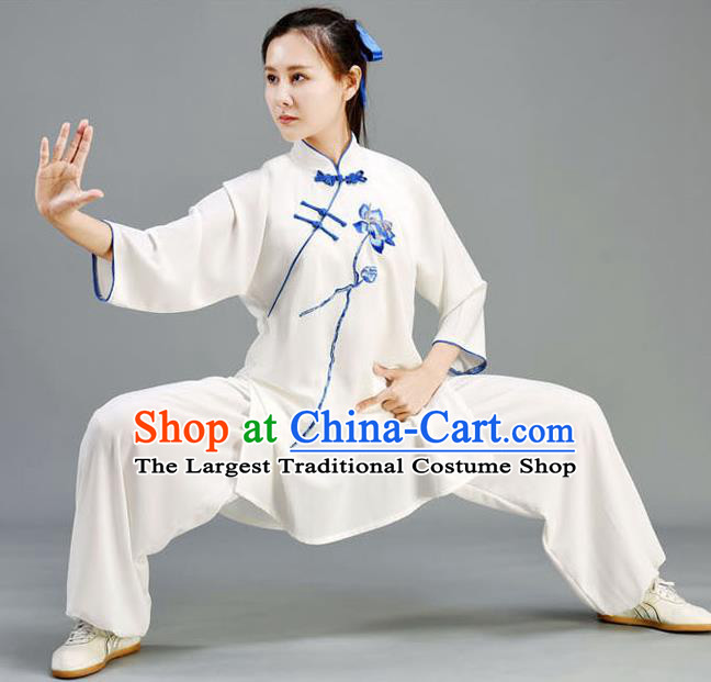 Chinese Tai Ji Performance White Outfits Traditional Kung Fu Garments Embroidered Lotus Linen Shirt and Pants Tai Chi Competition Clothing