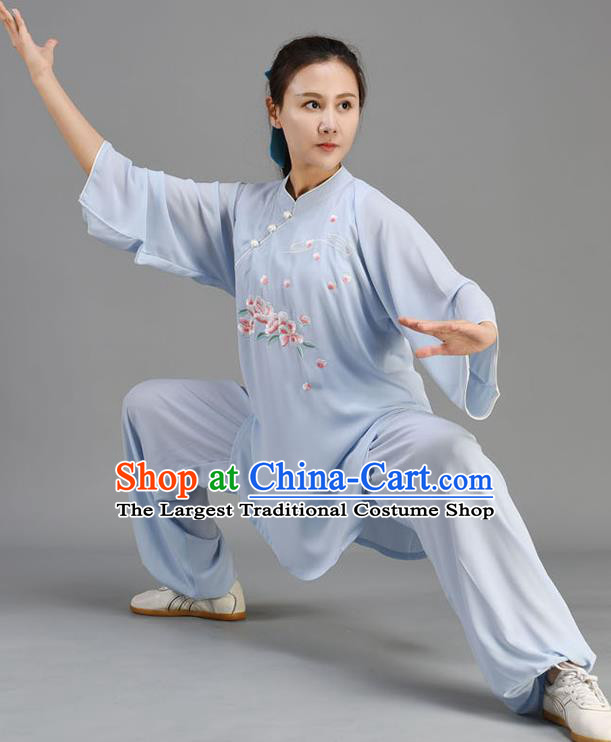 Chinese Traditional Kung Fu Two Pieces Set Embroidered Light Blue Uniform Tai Chi Performance Clothing Tai Ji Chuan Outfit