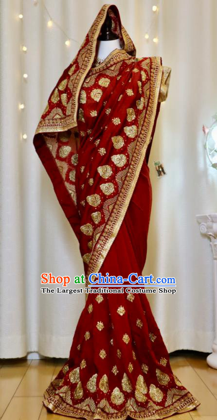 Indian Red Wedding Dress Bride Embroidered Clothing Traditional Garment Costumes India Sari