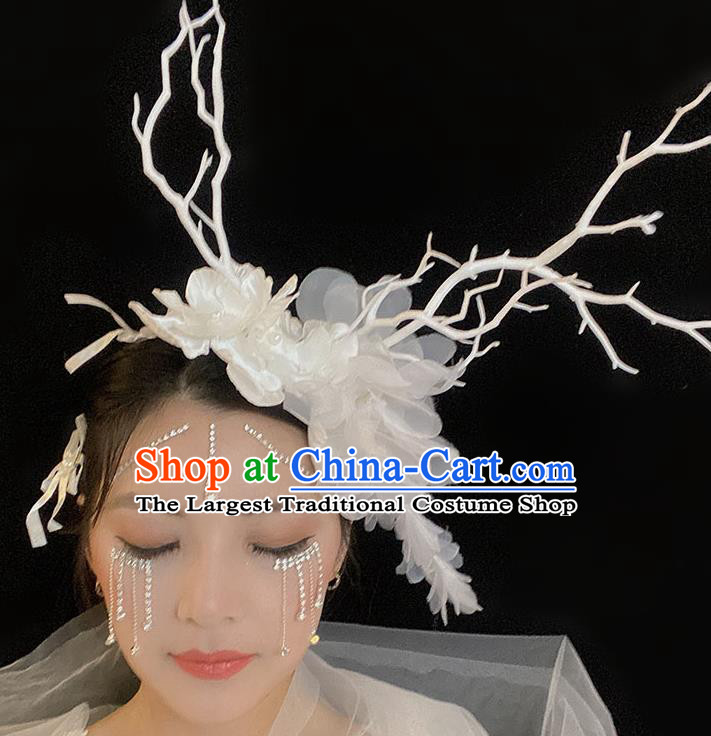 Handmade Party White Flowers Headwear Branch Royal Crown Top Baroque Headdress