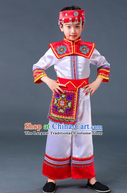 Chinese Ethnic Festival Costumes Guangxi Minority Folk Dance Clothing Zhuang Nationality Children White Outfits