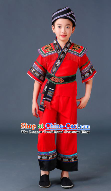 Chinese Yi Nationality Children Red Outfits Ethnic Festival Costumes Miao Minority Folk Dance Clothing