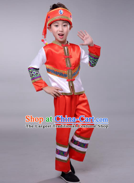 Chinese Ethnic Festival Costumes Tujia Minority Folk Dance Clothing Yi Nationality Boy Red Outfits