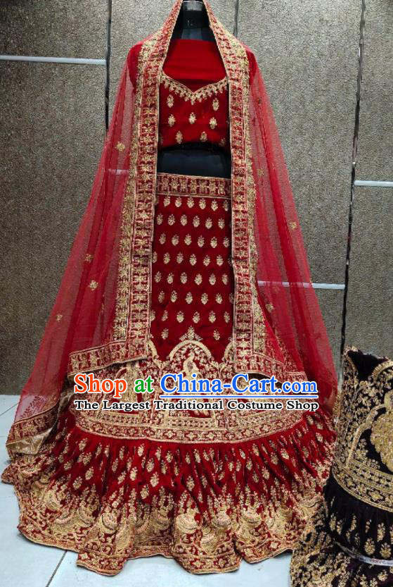 Top India Wedding Clothing Indian Traditional Bride Lengha Garment Embroidered Red Velvet Dress Outfit