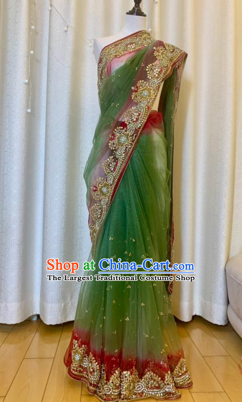 Indian Traditional Green Sari Dress Outfit Top India Clothing Bride Saree Garment