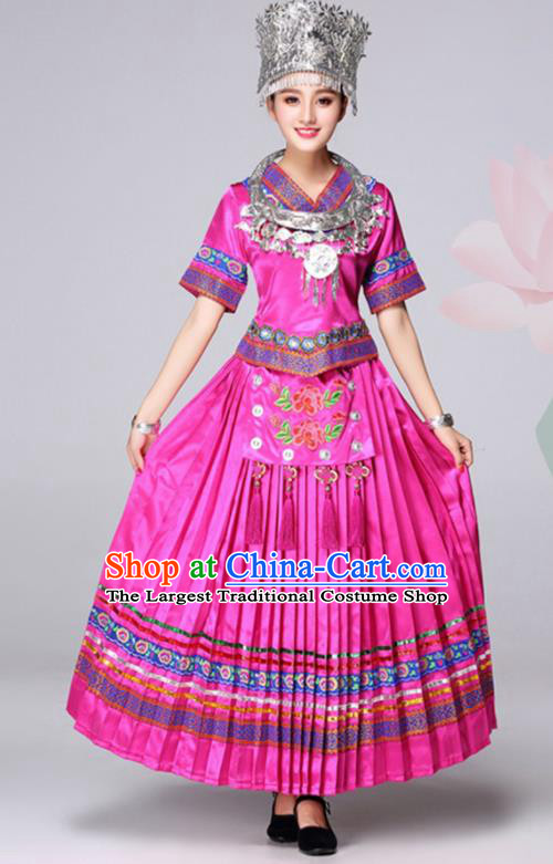 Chinese Miao Minority Festival Clothing Tujia Nationality Megenta Dress Outfits Ethnic Folk Dance Costumes