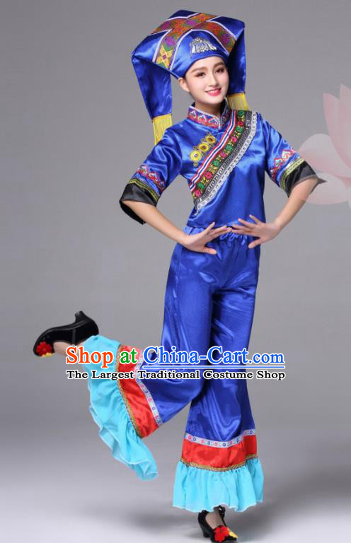 Chinese Ethnic Folk Dance Costumes Guangxi Minority Festival Clothing Zhuang Nationality Royal Blue Outfits and Headdress