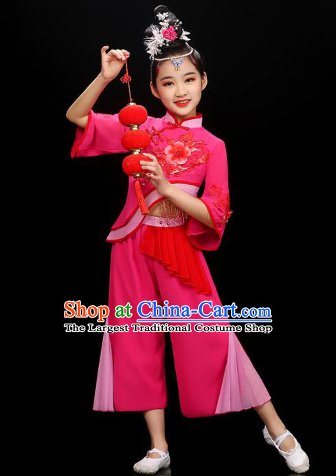 Chinese Traditional Umbrella Dancewear Children Folk Dance Clothing Group Dance Garment Costume Fan Dance Megenta Uniform