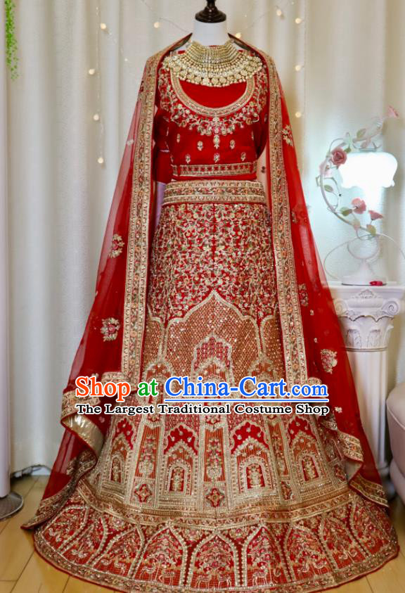 Top Traditional Wedding Dress India Clothing Indian Bride Lengha Garment Embroidered Red Outfit