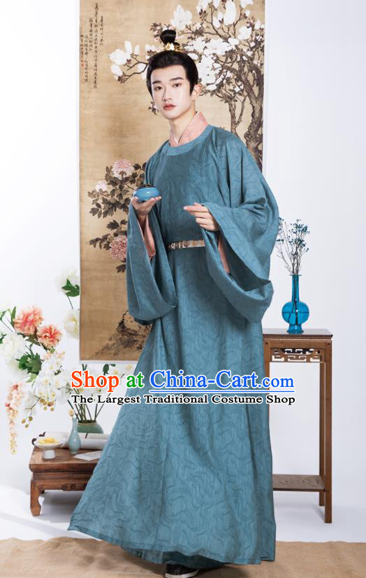 Chinese Song Dynasty Prince Garment Costumes Ancient Scholar Clothing Traditional Noble Childe Blue Hanfu Robe for Men