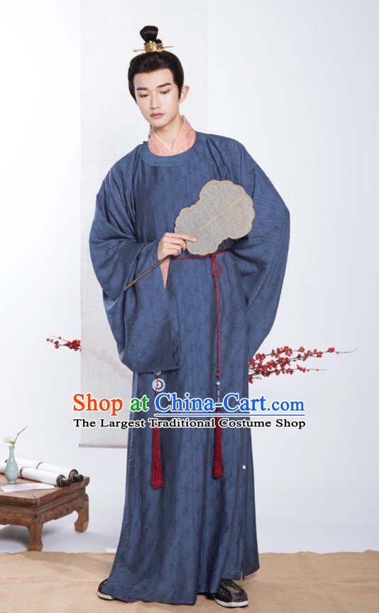 Chinese Ancient Noble Childe Clothing Traditional Blue Hanfu Robe Song Dynasty Scholar Garment Costumes