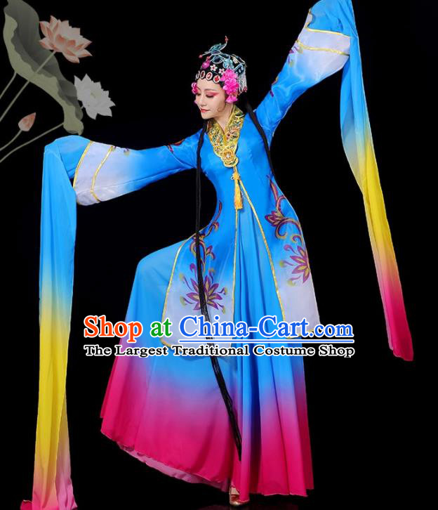 Chinese Opera Dance Clothing Classical Dance Costumes Water Sleeve Dance Garment Women Group Dance Blue Dress