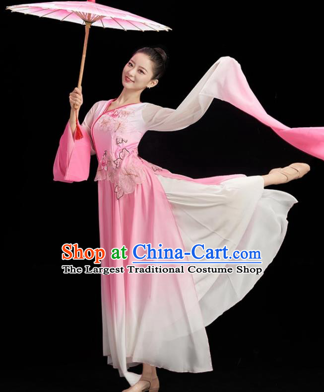 China Women Water Sleeve Dance Pink Dress Umbrella Dance Costume Stage Performance Garment Classical Dance Clothing