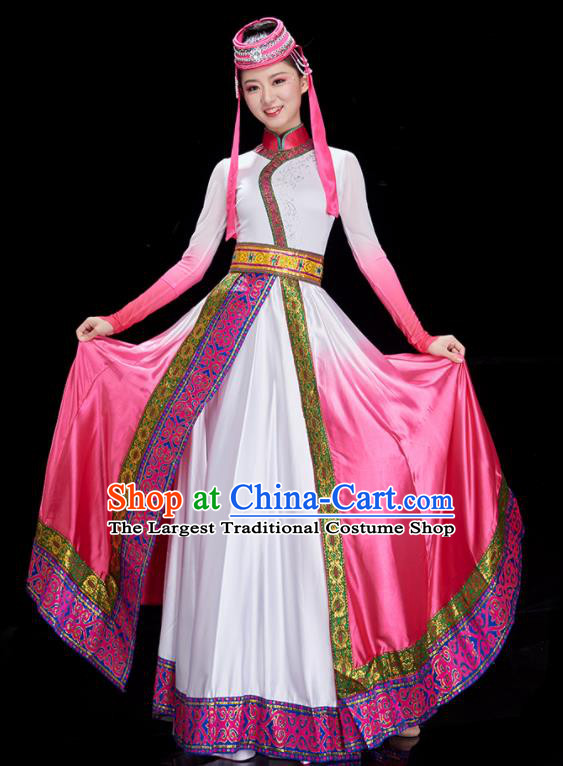 China Ethnic Costumes Mongol Nationality Dance Pink Dress Stage Performance Clothing Mongolian Women Garments