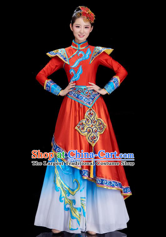 China Mongolian Women Garments Ethnic Costumes Mongol Nationality Dance Red Dress Stage Performance Clothing