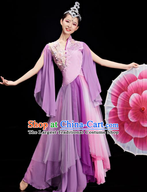 Chinese Stage Performance Purple Dress Outfit Umbrella Dance Clothing Women Group Dance Garments Classical Dance Costumes